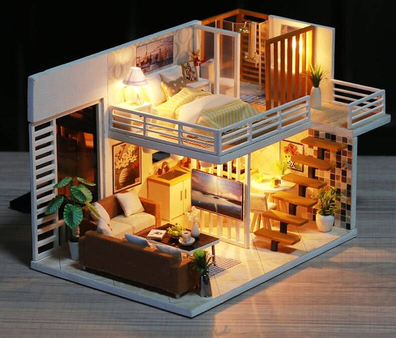 Modern Wooden DIY Doll House with LED Light Modern Wooden DIY Doll House with LED Light