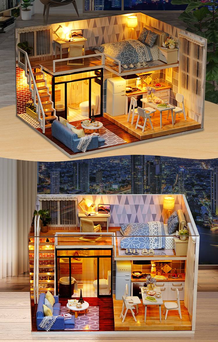 Modern Wooden DIY Doll House with LED Light Modern Wooden DIY Doll House with LED Light